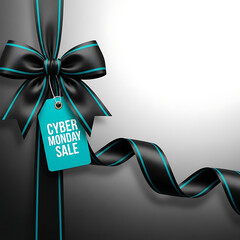 Cyber monday sale design template. Decorative black bow with blue price tag and long ribbon. Cyber Monday / Black Friday sale
