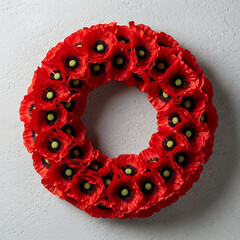 Remembrance Day Poppy Wreath Mounted on Wall. World War remembrance day. Remembrance Day, poppies, military memory, veterans, and historical commemoration.