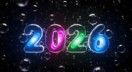 Futuristic 2026 glowing numbers, vibrant neon hues with abstract bubbles and sparkling dust, symbolizing new year celebration.