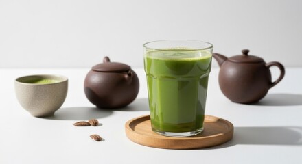 Green smoothie in glass, surrounded by ceramic teapots and a bowl
