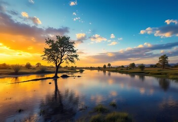 Sunset Reflection over Tranquil Lake with Lone Tree