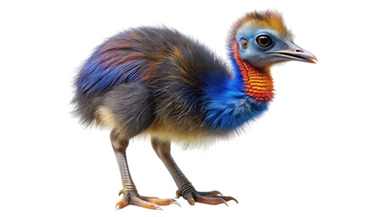 Obraz premium A young southern cassowary chick with vibrant blue and red neck feathers, standing on a transparent background