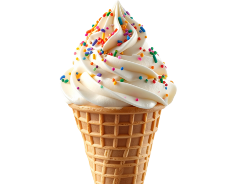 Classic Vanilla Ice Cream Cone with Rainbow Sprinkles, Isolated on Transparent Background 