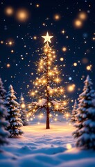 Magical Christmas Tree with Golden Lights in Winter Night