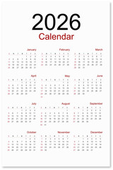 Yearly calendar 2026 flat style isolated on white background, Save clipping path.