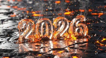 2026 year melting in a fiery landscape, symbolizing a challenging future, transformation, and new beginnings ahead