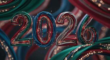 Futuristic 2026 year numbers crafted from intricate colorful cables and sparkling string lights, symbolizing new year celebrations and innovation.