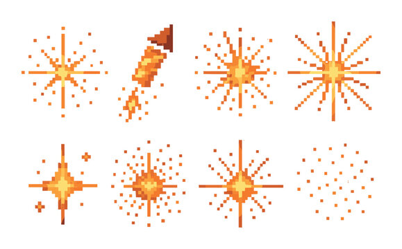 Pixel art fireworks: animated orange starbursts and sparks in dark background