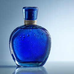 Blue glass bottle with condensation on white background
