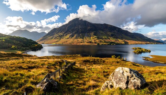 Scenic vista of a lake surrounded by mountains and autumn foliage under a partly cloudy sky, showcasing nature