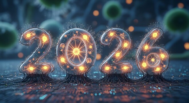 Futuristic 2026 year number composed of glowing digital neurons and intricate circuitry, symbolizing technological advancement and future innovation - Powered by Adobe