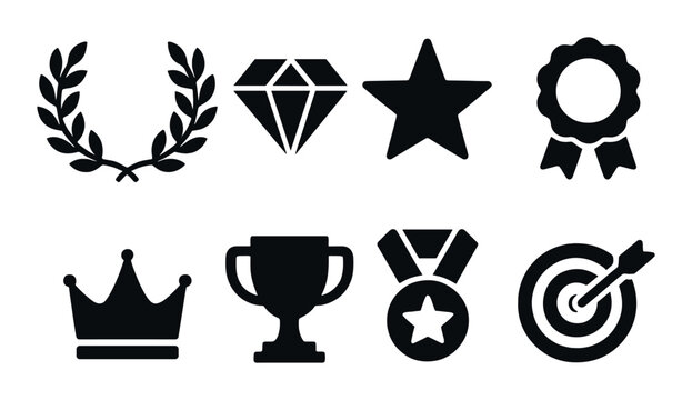 Symbol collection: trophy, medal, crown, star, laurel, diamond, target, ribbon