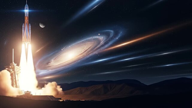 Rocket blasts off, illuminating launchpad beneath cosmic galactic backdrop and planets