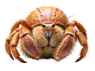 A closeup studio shot of a hermit crab with its shell on its back, isolated on a transparent background, showcasing its textured exoskeleton and hairy legs, with a transparent background