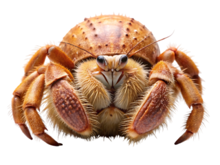 A closeup studio shot of a hermit crab with its shell on its back, isolated on a transparent background, showcasing its textured exoskeleton and hairy legs, with a transparent background