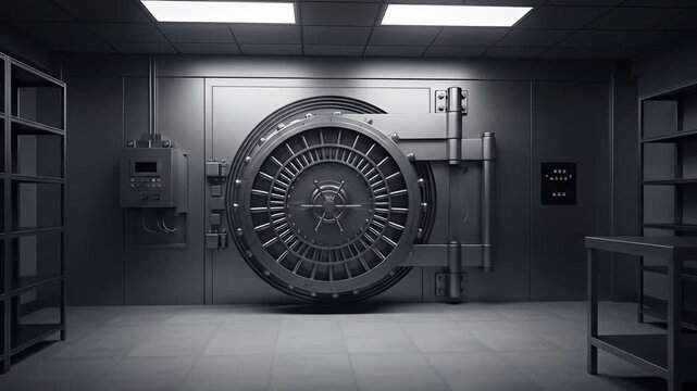 Metal vault door open in a metal room, shelves and control panels around it