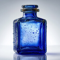 Blue glass bottle with condensation on white background
