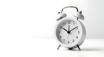 White alarm clock on white background showing the time, perfect for a concept of time