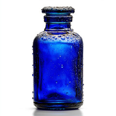 Blue glass bottle with condensation on white background
