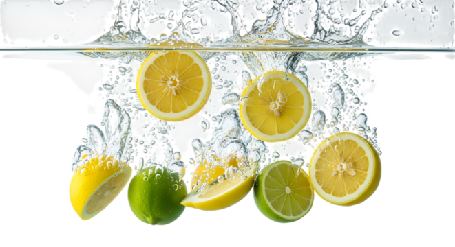 Fresh lemon and lime slices falling into water isolated on transparent background