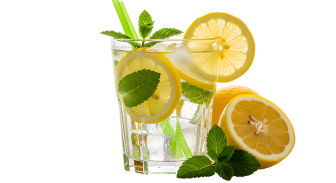 Refreshing lemon drink with mint leaves isolated on transparent background