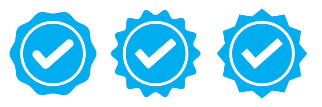 Blue Verified badge icon set. Blue tick check with social media account icon. Set of check mark icons. approved profile sign. white tick in blue circle. Social media official account tick symbol.