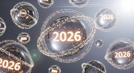 Abstract futuristic year 2026 with glowing spheres and particle rings, symbolizing innovation, progress, and upcoming digital advancements.