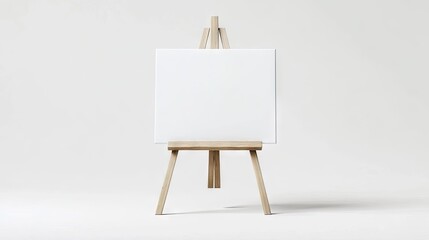 Minimalist wooden easel with empty canvas on plain white background, perfect for mockups or artistic presentations