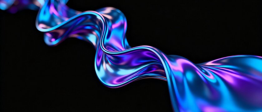 Dynamic abstract metallic ribbon with vibrant blue and purple hues flowing against a dark black background, creating a futuristic and fluid visual effect.
