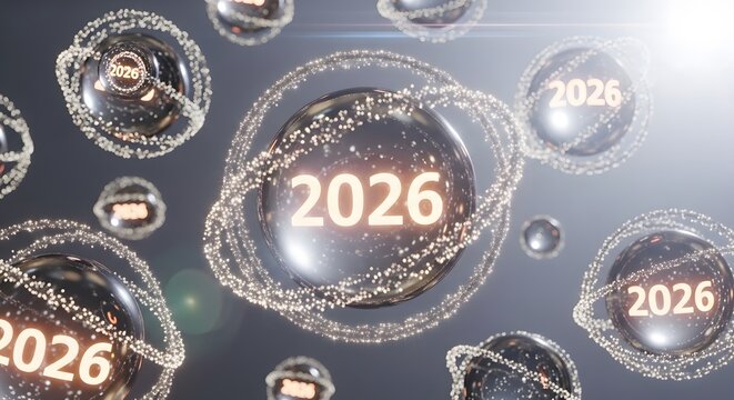 Abstract futuristic year 2026 with glowing spheres and particle rings, symbolizing innovation, progress, and upcoming digital advancements. - Powered by Adobe