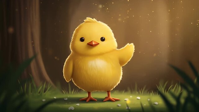 Fluffy yellow chick waving cheerfully in a soft grassy forest clearing