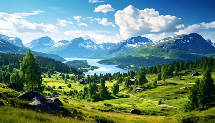 Scenic vista of a lush green valley and tranquil lake, surrounded by mountains under a bright blue sky with fluffy clouds