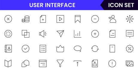 User Interface UI, UX web icons in line style. User, profile, message, mobile app, document file, social media, button, home, chat, arrow, collection. Vector illustration.