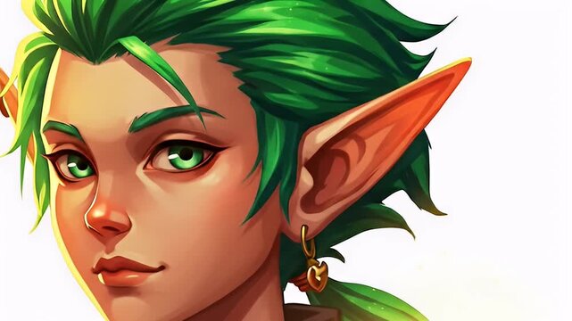 Digital portrait of an elf with green hair and pointed ears against a white backdrop