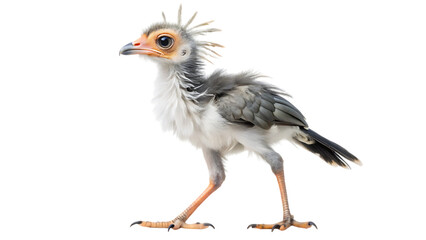 A juvenile secretary bird with fluffy grey and white feathers, a distinctive crest of feathers on its head, and bright orange legs and feet, standing on a transparent background