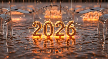 New year 2026 celebration concept with sparkling golden numbers reflecting on a wet, textured surface, festive bokeh blur.