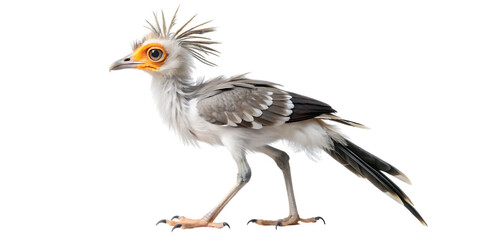Secretarybird sagittarius serpentarius standing on a transparent background, showcasing its distinctive crest and long legs, a unique bird of prey native to africa