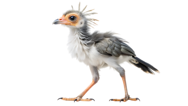 A juvenile secretary bird with fluffy grey and white feathers, a distinctive crest of feathers on its head, and bright orange legs and feet, standing on a transparent background