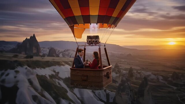 Proposal in hot air balloon basket at sunset overlooking rocky landscape