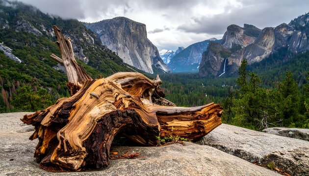 Scenic vista of a lush valley with granite cliffs and a waterfall. Foreground features a weathered, textured tree stump on a rocky surface