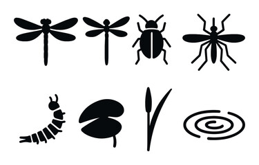 Silhouettes of insects and nature elements on dark background