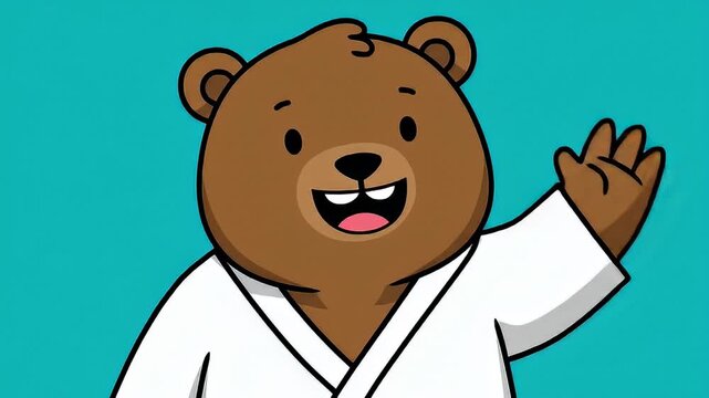 Cartoon bear waves, wearing a karate gi with a black belt, on a turquoise background