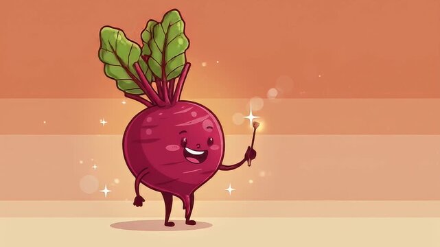 Cartoon beetroot character smiles, holding a glowing wand, on an orange background
