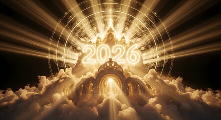 Golden glowing 2026 numbers emerge from majestic ethereal clouds, with heavenly light rays and ornate celestial architecture.