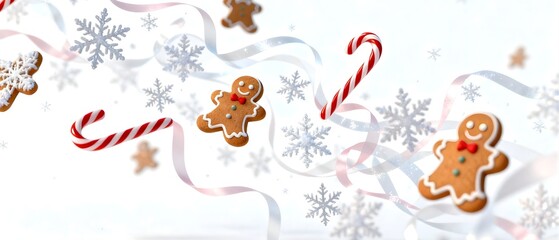 Obraz premium Festive gingerbread men, candy canes, and snowflakes floating on a white background with ribbons, celebrating winter holidays.