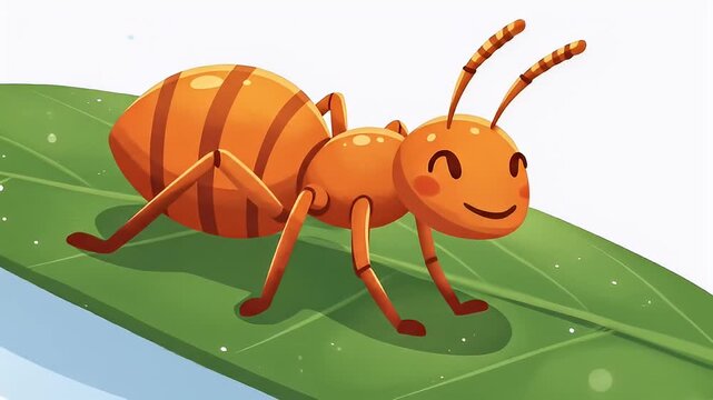 Cartoon ant rests on big green leaf, set against a bright, clean, illustration style