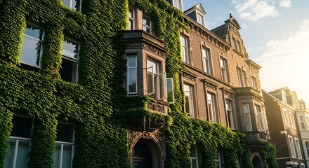 Ivy-covered building facade with bay window and architectural details in sunlight.