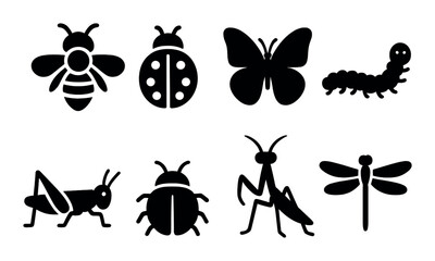 Fototapeta premium Silhouettes of insects: butterfly, bee, ladybug, caterpillar, grasshopper, mantis, dragonfly