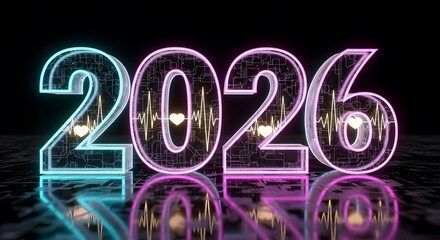 Futuristic 2026 year concept with glowing neon circuit board numbers and vital signs. digital health, future technology, medical innovation.