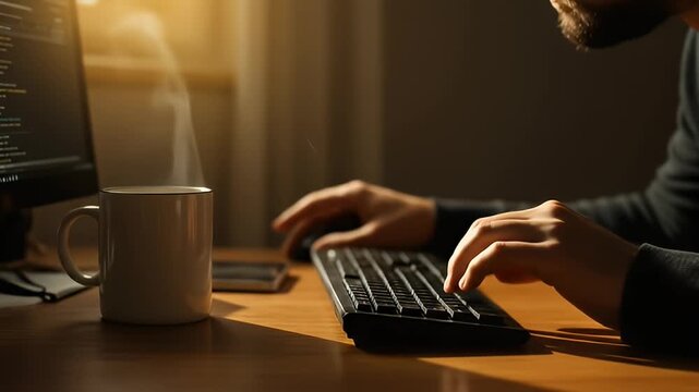 Person typing on keyboard with coffee and code on screen, bathed in warm light